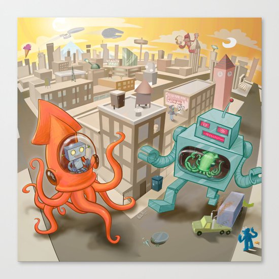 Squid vs Robot Canvas Print