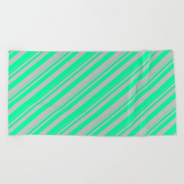 [ Thumbnail: Green & Grey Colored Lines Pattern Beach Towel ]