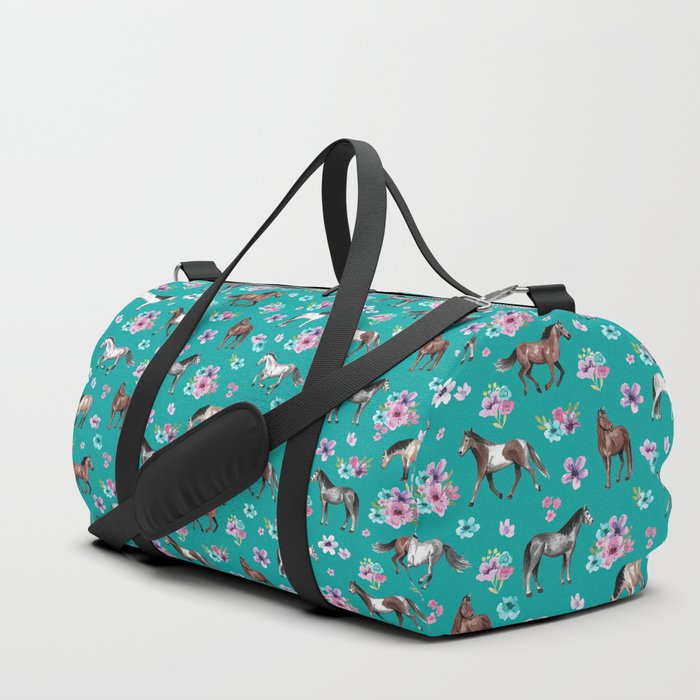 Horse Pattern, Floral Print, Turquoise, Little Girls Room, Horses Duffle Bag