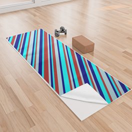 [ Thumbnail: Powder Blue, Red, Aqua, and Blue Colored Lined Pattern Yoga Towel ]