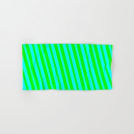 [ Thumbnail: Lime & Cyan Colored Lined/Striped Pattern Hand & Bath Towel ]