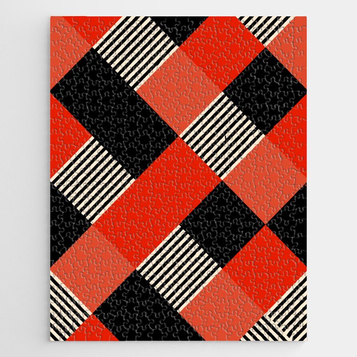 Diamond Plaid Stripes Harlequin Red Orange Black Beige Jigsaw Puzzle