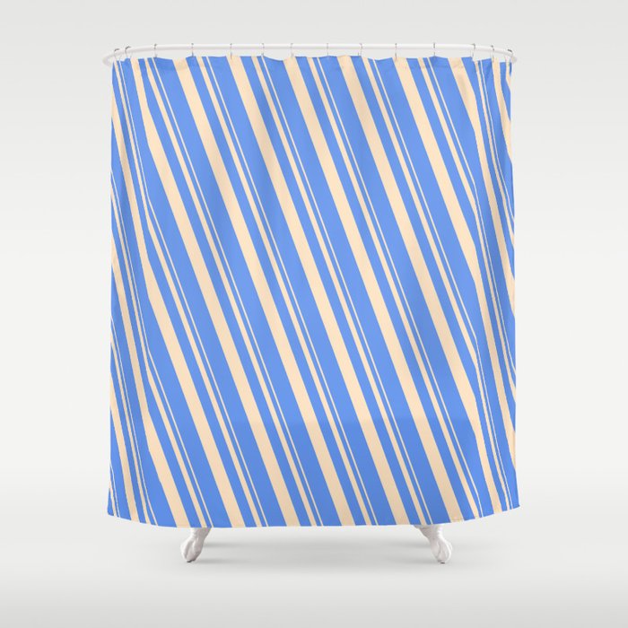 Bisque and Cornflower Blue Colored Striped/Lined Pattern Shower Curtain
