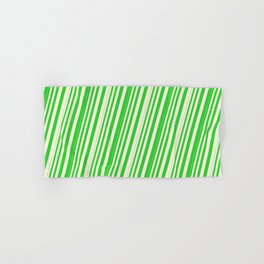 [ Thumbnail: Beige & Lime Green Colored Lined Pattern Hand & Bath Towel ]