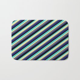 [ Thumbnail: Eyecatching Turquoise, Pale Goldenrod, Dim Gray, Midnight Blue, and Black Colored Striped Pattern Bath Mat ]