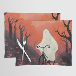 cute ghost riding a bike through autumn nature landscape Placemat