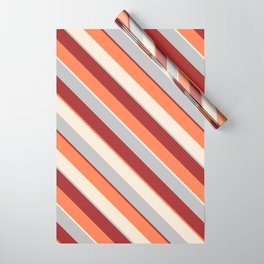 [ Thumbnail: Coral, Beige, Grey, and Brown Colored Stripes/Lines Pattern Wrapping Paper ]