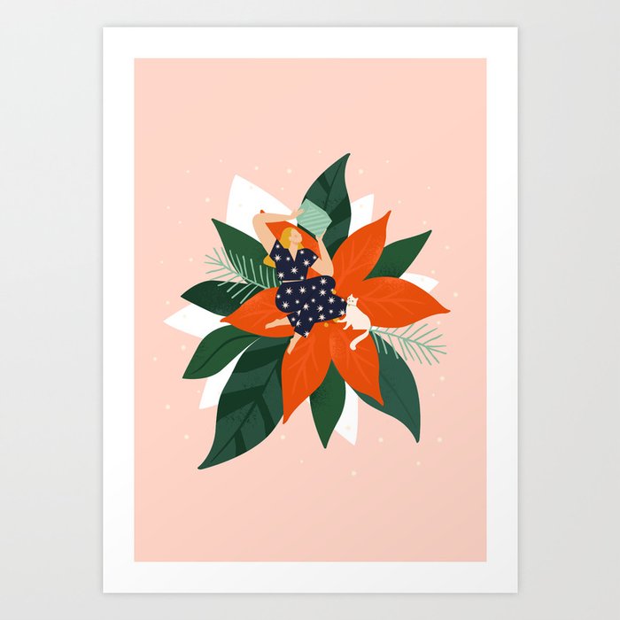 A girl in pajamas and her cat open a Christmas gift sitting on a huge red poinsettia flower. Lockdown. Quarantine life. Art Print