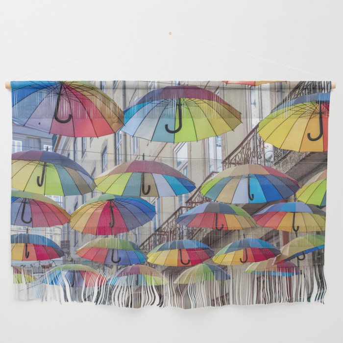 Umbrellas in Lisbon, Portugal art print- bright cheerful summer - street and travel photography Wall Hanging