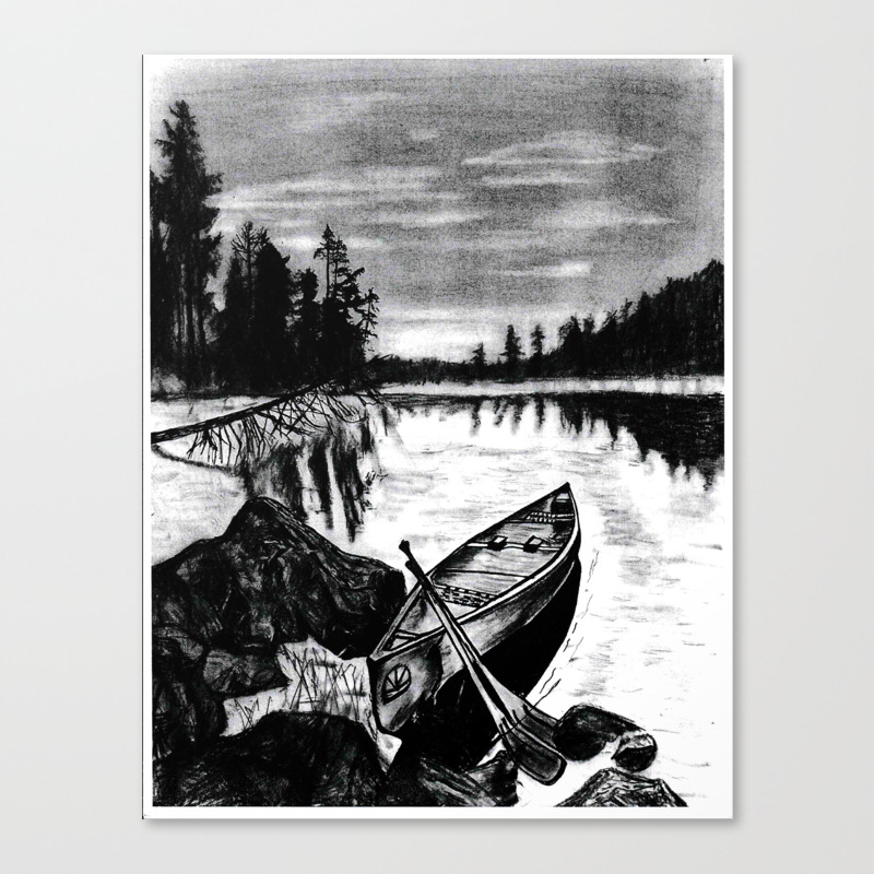 evening row original wall decor canoe lake art drawing canvas print by darkmountainarts