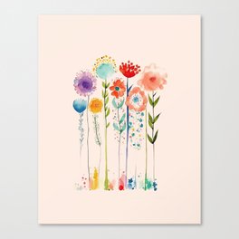 Adorable Whimsical Watercolor Flower Meadow  Canvas Print