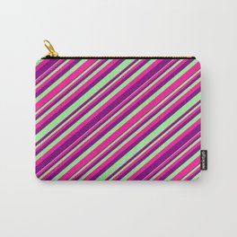 [ Thumbnail: Green, Deep Pink, and Purple Colored Stripes/Lines Pattern Carry-All Pouch ]