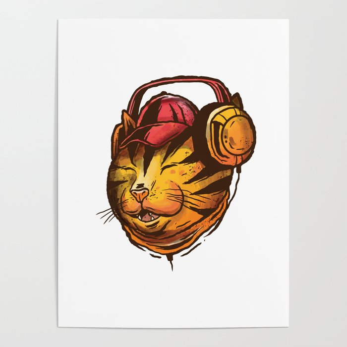 Cat with Headphones Poster
