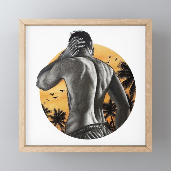 shirtless guy with palmtrees background Framed Mini Art Print