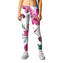 Hand painted bright pink forest green burgundy flowers Leggings