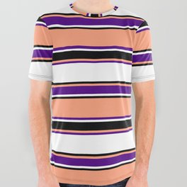 [ Thumbnail: Light Salmon, Indigo, White, and Black Colored Striped Pattern All Over Graphic Tee ]