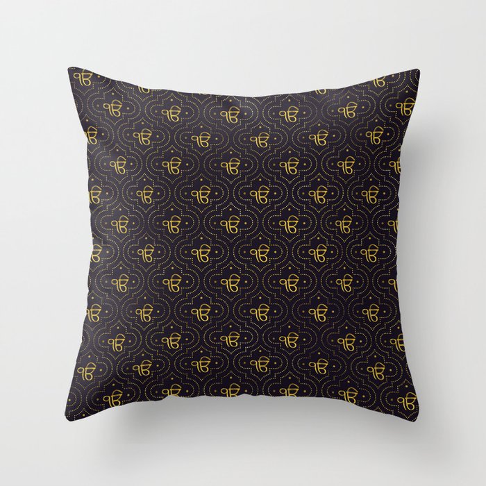 Gold Ek Onkar / Ik Onkar pattern on black Throw Pillow