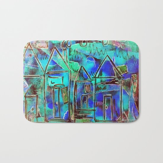 Neon Blue Houses Bath Mat