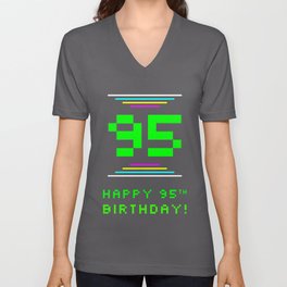 [ Thumbnail: 95th Birthday - Nerdy Geeky Pixelated 8-Bit Computing Graphics Inspired Look V Neck T Shirt V-Neck T-Shirt ]