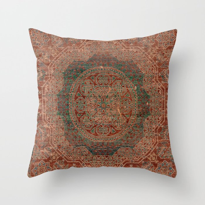 Bohemian Medallion I // 15th Century Old Distressed Red Green Colorful Ornate Accent Rug Pattern Throw Pillow