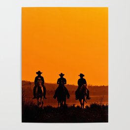 Wild West sunset - Cowboy Men horse riding at sunset Vintage west vintage illustration Poster