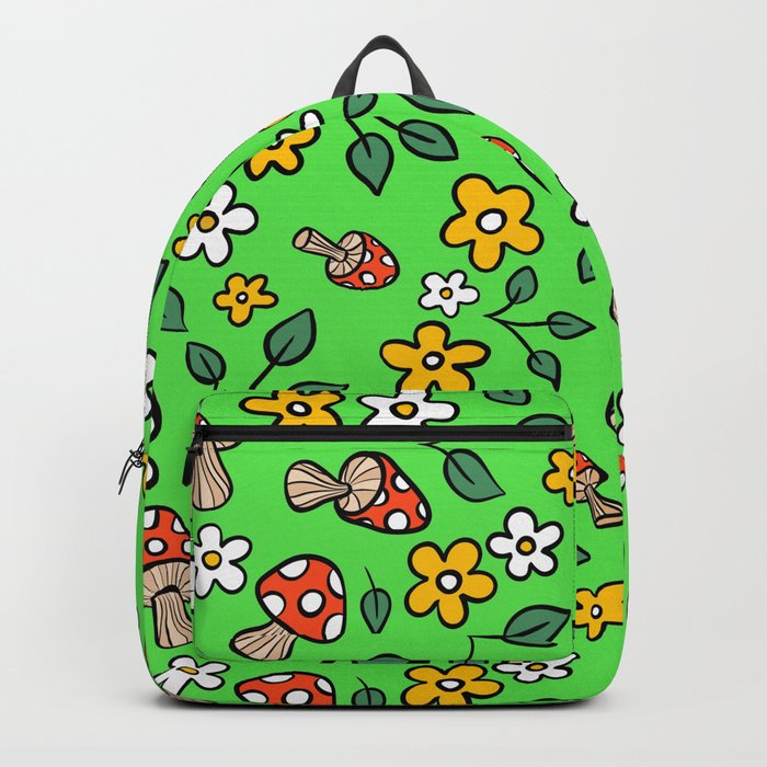 Retro Mushroom Pattern on Green Background Backpack