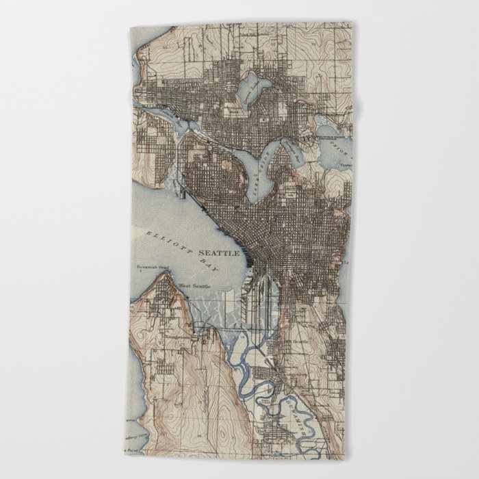 Vintage Map of Seattle Washington (1908) Beach Towel