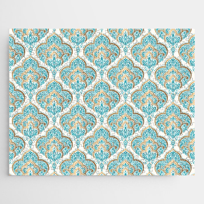 Turquoise Golden Moroccan Baroque Pattern Jigsaw Puzzle
