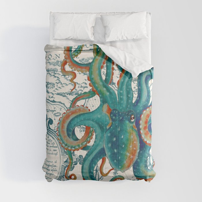 Teal Octopus Vintage Map Watercolor Comforter