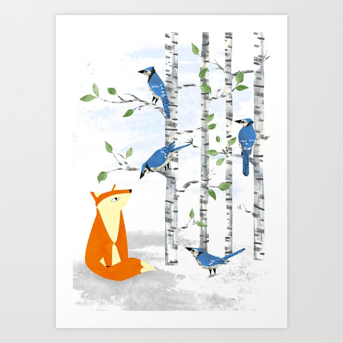 Fox and Blue Jay Birds Art Print