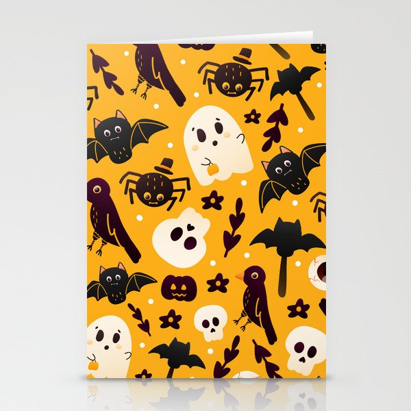 Colourful Orange Halloween Seamless Pattern with Cute Spider, Crow and Ghost Characters Stationery Cards