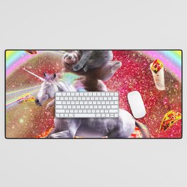 Laser Eyes Space Cat On Sloth Unicorn - Rainbow Desk Mat