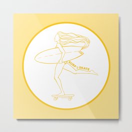 Surf Skate Cruise | California Skater Surfer Girl Design | Beach Inspired Artwork | Yellow Sunshine Metal Print