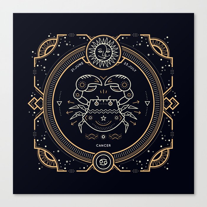 Cancer Zodiac Gold White with Black Background Canvas Print