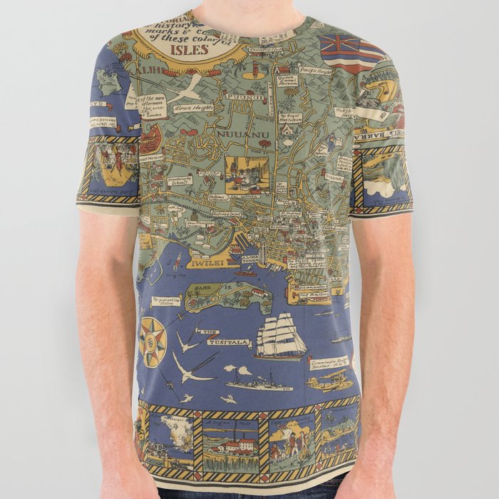 Honolulu and the Sandwich Islands which We Now Call the Hawaiian Islands.- Vintage Illustrated Map All Over Graphic Tee