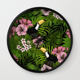 Toucans and tropical flora, green and pink Wall Clock