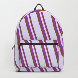 [ Thumbnail: Dark Orchid, Sienna & Lavender Colored Stripes Pattern Backpack ]