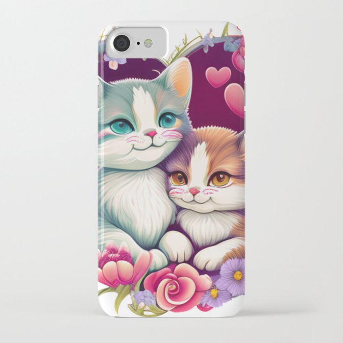 Feline Love: Designing Two Adorable Cats with Roses in a Heart Shape iPhone Case