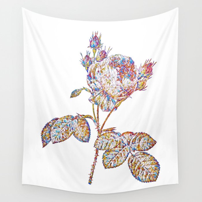 Floral Pink Cabbage Rose Mosaic on White Wall Tapestry