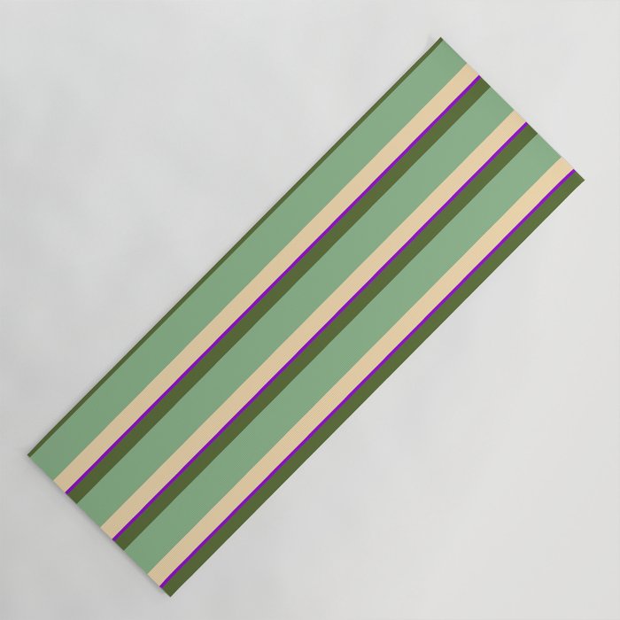 Dark Olive Green, Dark Sea Green, Beige & Dark Violet Colored Lined/Striped Pattern Yoga Mat