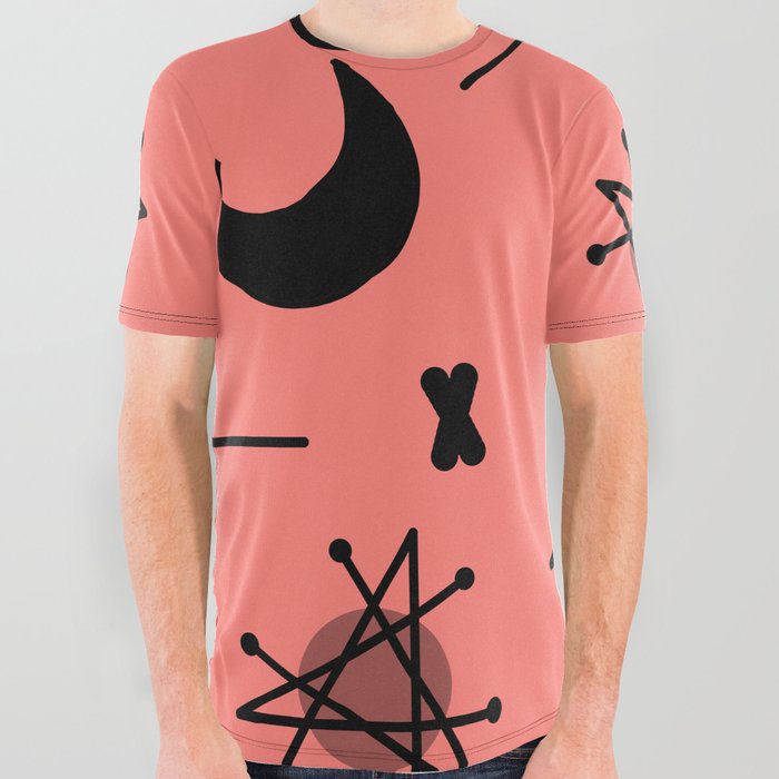 Moons & Stars Atomic Era Abstract Salmon Pink All Over Graphic Tee