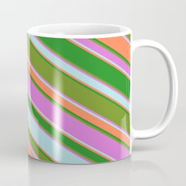 [ Thumbnail: Eyecatching Green, Orchid, Powder Blue, Coral & Forest Green Colored Lined Pattern Coffee Mug ]
