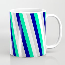 [ Thumbnail: White, Green, Dark Blue & Light Grey Colored Lines Pattern Coffee Mug ]
