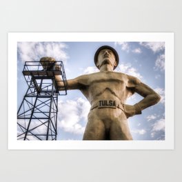 Close Up of Tulsa Driller Statue - Vintage Color Art Print | Largestatue, Tulsagoldendriller, Iconic, Color, Cityscape, Unitedstates, Tulsaoklahoma, Tulsaart, Yellowstatue, Usa 
