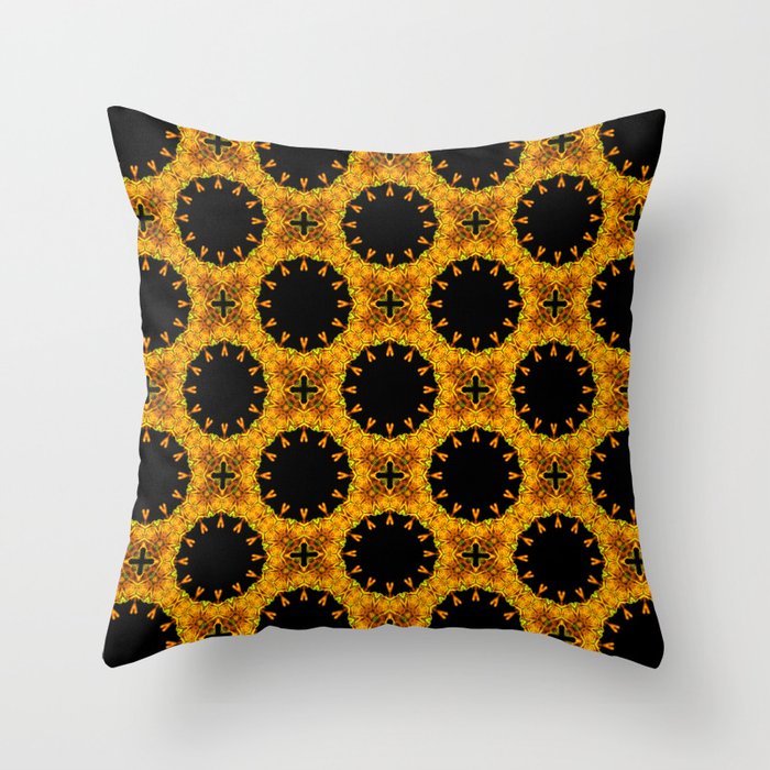 Festive Black and Gold Autumn Floral Mandala Fractals - Moroccan style Throw Pillow