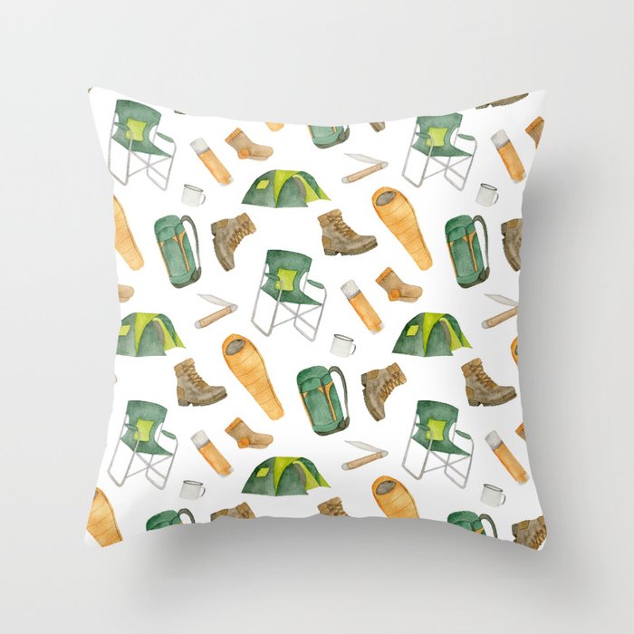 Watercolor camping pattern Throw Pillow