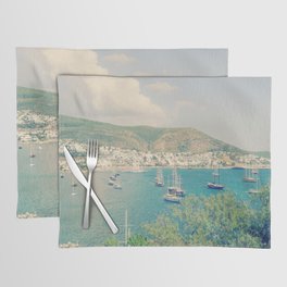 Retro aqua blue sea bay in Bodrum view with sailing boats from St.Peter's Castle Placemat