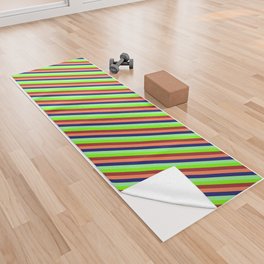 [ Thumbnail: Vibrant Green, Chartreuse, Brown, Coral, and Midnight Blue Colored Lines/Stripes Pattern Yoga Towel ]