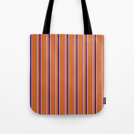 [ Thumbnail: Chocolate, Plum, and Blue Colored Lined/Striped Pattern Tote Bag ]