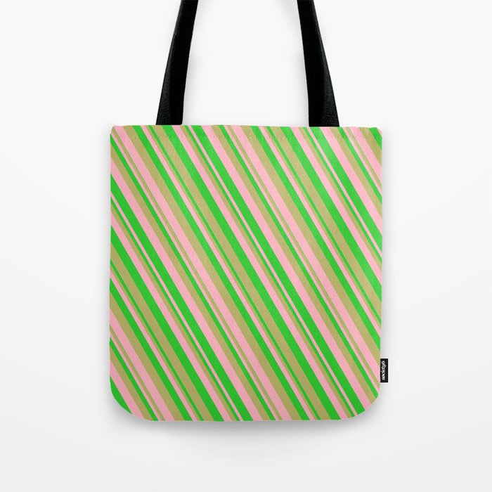 Dark Khaki, Light Pink & Lime Green Colored Lines/Stripes Pattern Tote Bag